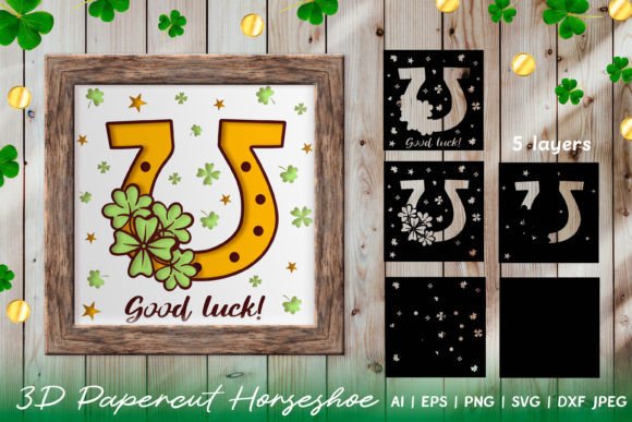 3D Papercut Horseshoe with Clovers Card