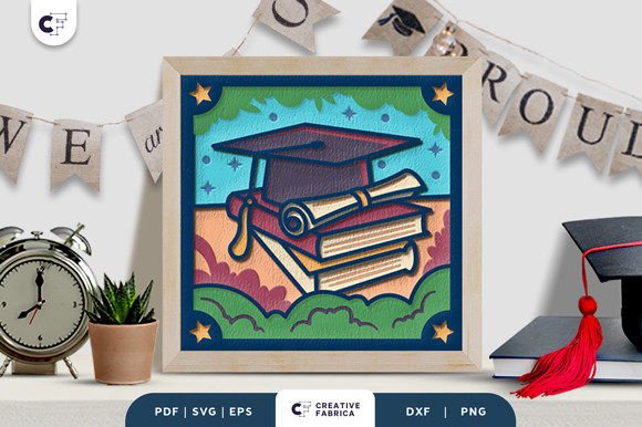 Books and Graduation Caps 3D Shadow Box